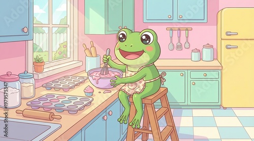 Kawaii Baking Kitten,Cute Cat Chef Kitchen,Adorable Kitten Baking Scene, Cheerful Frog Baking in a Colorful Kitchen