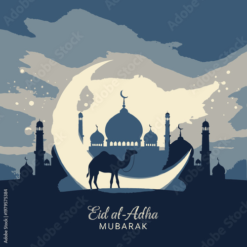 Camel silhouette in front of a mosque and crescent moon for Eid alAdha.