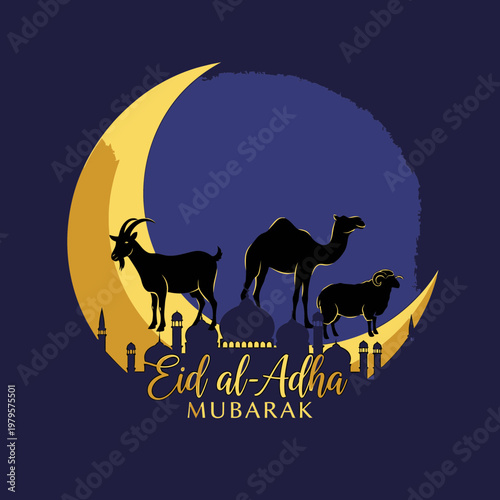 Eid alAdha Mubarak Islamic Festival Animals Silhouette.