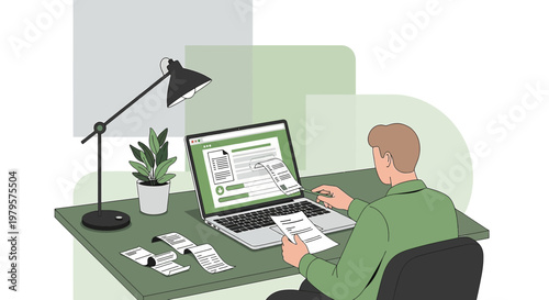 Man meticulously managing finances with digital tools and traditional receipts with desk