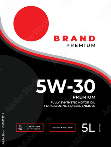Modern premium motor oil label template for engine lubricant bottle packaging design. Fully synthetic 5W-30 engine oil sticker with abstract shapes and industrial style.
