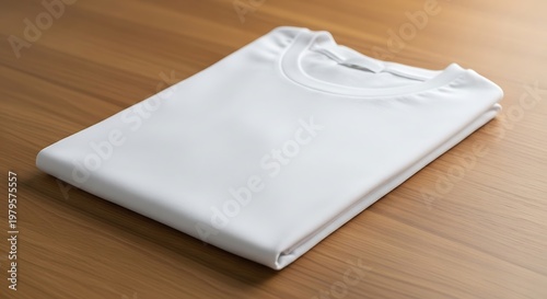 Folded plain white crew neck t-shirt resting on a smooth brown wooden surface
