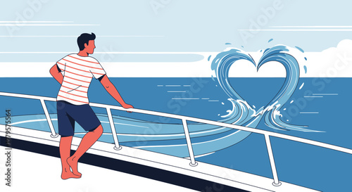 Man on Boat Watching Heart Shaped Waves in Ocean - Love Symbolism