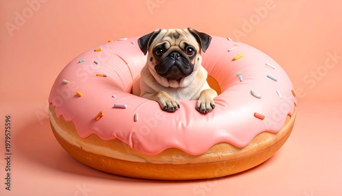 Adorable Pug Dog Relaxing Inside a Pink Donut.