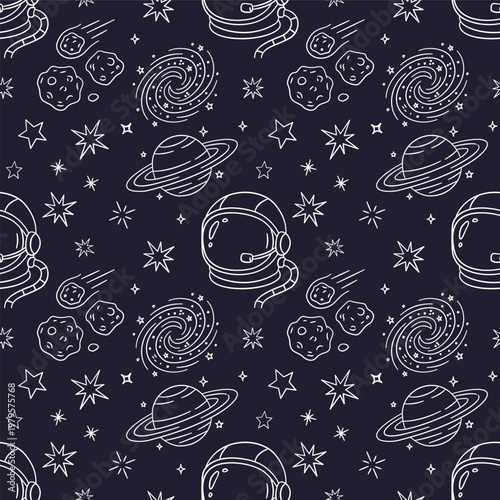 Seamless Space Doodle Pattern with Astronaut Helmets, Planets, and Galaxies on Dark Background