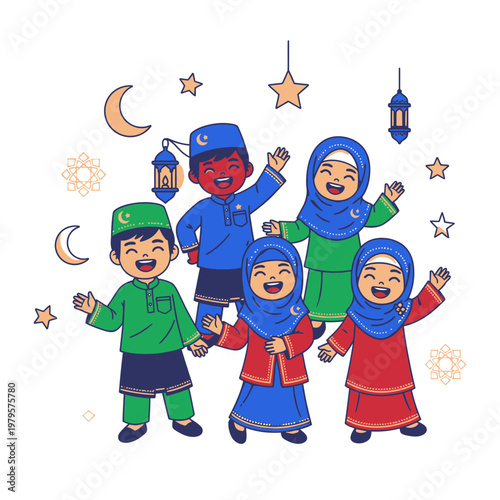 Happy Muslim Children Celebrating Together.
