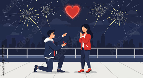 Man Proposing to Woman with Engagement Ring Under Fireworks and Heart Light