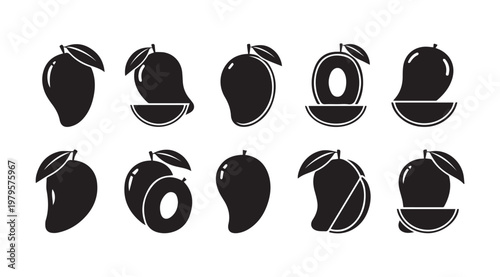 Collection of stylized mango fruit icons in silhouette with leaves and slices