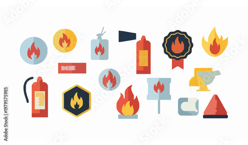 Fire safety icon set with flame extinguisher and warning symbols flat vector illustration isolated on white