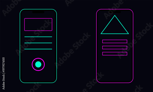 Hand-drawn futuristic neon mobile interface displays featuring glowing cyan and magenta geometric digital app illustration