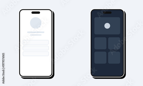 Hand-drawn smartphone interface mockups featuring light and dark mode user experience layout with shadow illustration
