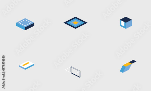 Hand-drawn Set of minimalist isometric graphic design elements featuring blue and yellow color palette. authentic illustration