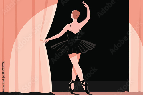 Ballet dancer in black tutu on stage, one arm raised and other holding curtain, stylized vector illustration.
