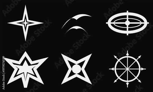 Hand-drawn set of white Y2K streetwear and brutalist geometric emblem symbols on black background illustration