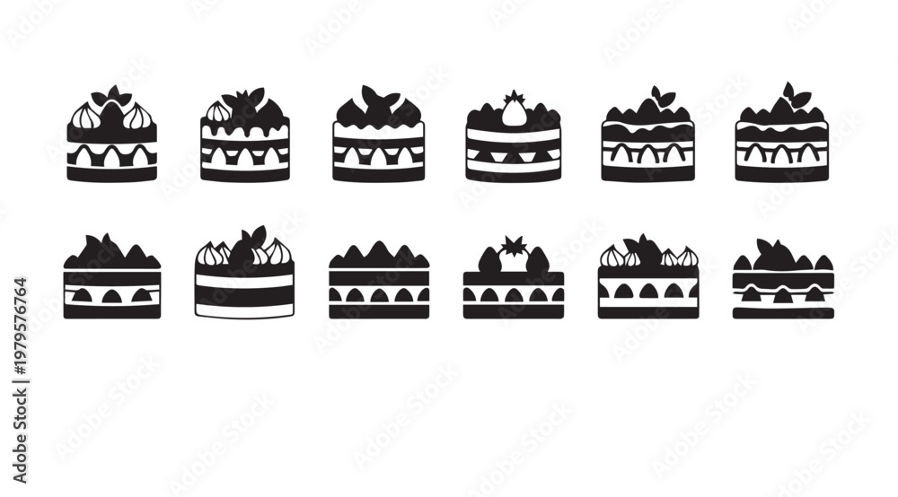 Naklejka premium Collection of various decorated layered cakes in silhouette on a white background