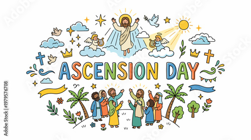 Ascension Day Jesus Rises to Heaven with Angels and Disciples