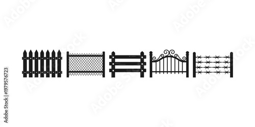 fence and gate silhouette icons on white background
