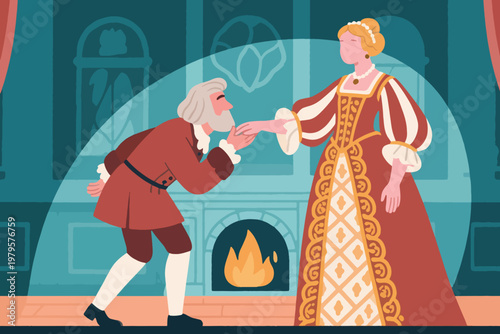 Two people in ornate historical attire inside a richly decorated room, one bowing and kissing the hand of another, fireplace and arched windows in background, stylized vector illustration.