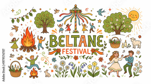 Beltane Festival Celebration with Maypole and Bonfire