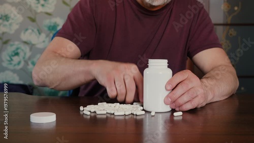 Close-up of a person sitting at a wooden table, counting out white medical capsules from a plastic bottle