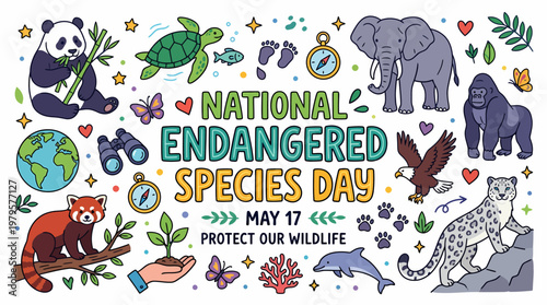 Endangered Species Day: Protect Wildlife Banner with Animals