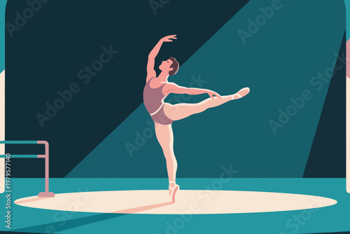 Ballet dancer in arabesque pose under spotlight with barre on stage, dramatic vector illustration.