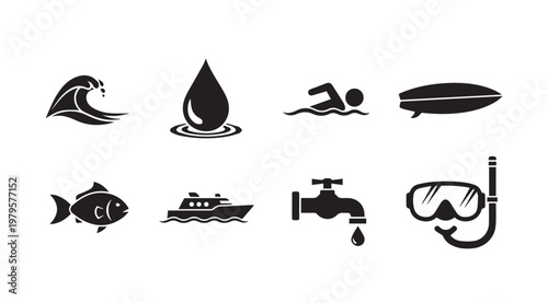 Collection of water sport and aquatic activity icons in a clean graphic design