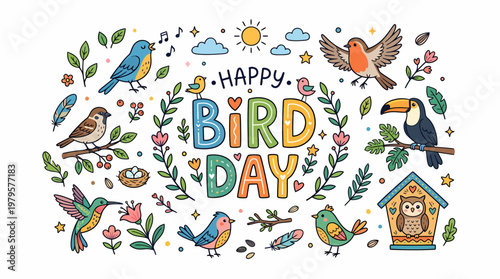 Happy Bird Day Greeting Card with Various Birds and Nature Elements