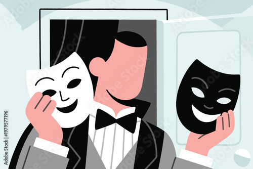 Man in suit holding black and white theatrical masks, symbol of duality and identity, stylized vector illustration.