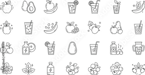 Hand Drawn Fruit and Juice Icon Set Outline Style Vector Collection with Apple Avocado Banana Smoothie Citrus and Organic Food Elements