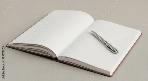 Open notebook with blank white pages and a silver metal ballpoint pen resting on the paper against a neutral gray background