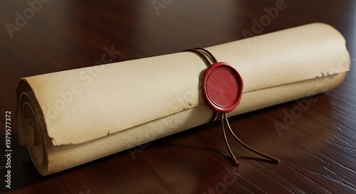 Rolled parchment scroll with a red wax seal tied with a thin cord, resting on a dark brown wooden surface