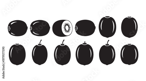 Collection of whole and sliced kiwi fruit silhouettes for healthy eating and nutrition concepts