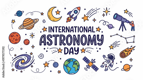 International Astronomy Day Illustration with Planets, Stars, Rocket