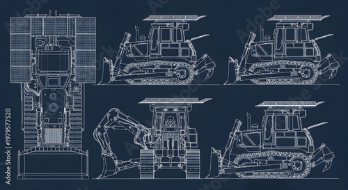 Solar Bulldozer Blueprint Vector – Construction Dozer Multiview Technical Drawing White Outline on Dark Blue Background Green Energy Machinery