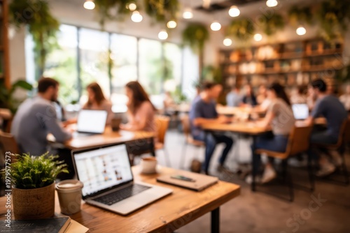 blurred abstract background coworking space office people working laptops cafe environment modern library indoor bokeh lights creative workspace
