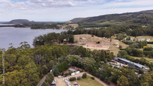 Aerial scenic panorama of Port Arthur historic jail penitentiary site in Tasmania.