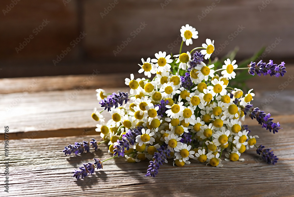 Fototapeta premium A bouquet of daisies and lavender rests on a rustic wooden surface.
