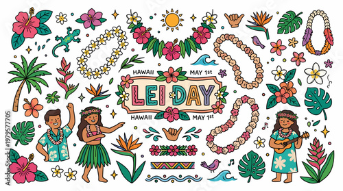 Lei Day Hawaii Celebration Tropical Elements Cartoon Vector