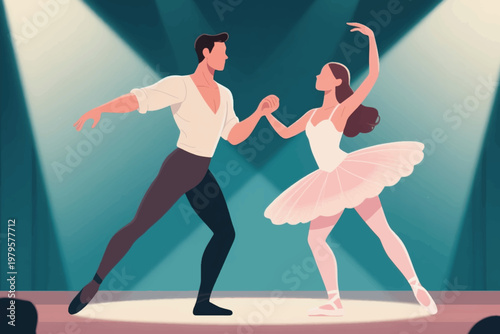 Two ballet dancers performing gracefully under spotlights, one in white tutu and one in dark tights, stylized vector illustration.
