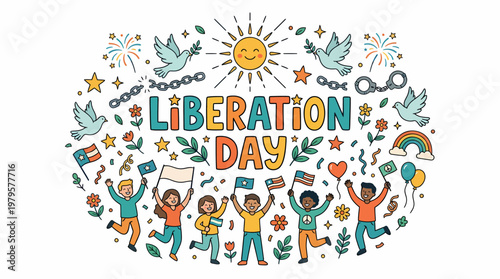Liberation Day Celebration: Diverse People, Freedom Symbols, Sunshine