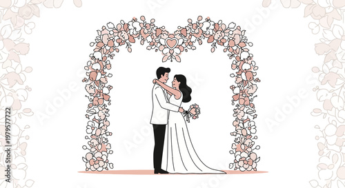 Couple Embracing Under Floral Wedding Arch - Romantic Illustration