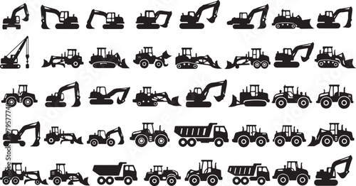 Collection of heavy machinery and construction vehicle silhouettes
