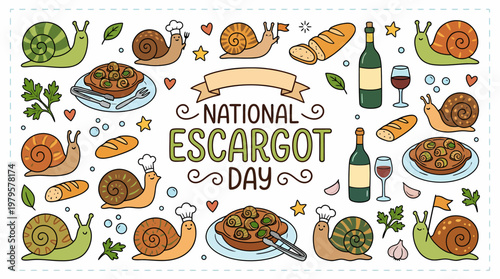 National Escargot Day Cartoon Illustration with Snails and Food