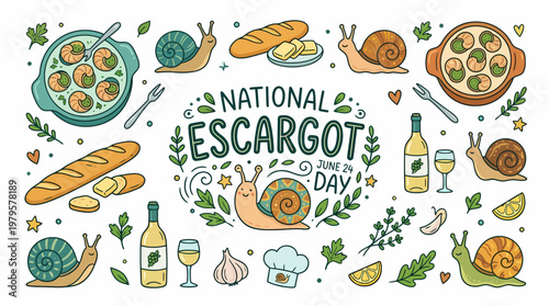 National Escargot Day Doodle Art with Snails and French Food