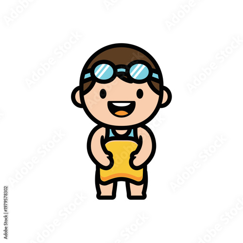 Cute cartoon boy swimmer with goggles and kickboard ready for a swim lesson.