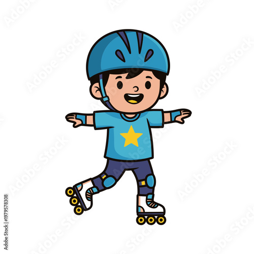 Cute cartoon boy rollerblading with helmet and protective gear.