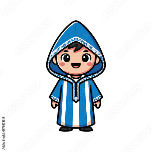 Cute Cartoon Boy Wearing Traditional Moroccan Djellaba.