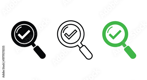 Three magnifying glasses with checkmarks in varying colors silhouette