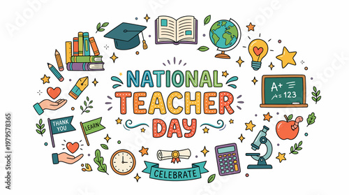 National Teacher Day Celebration Vector Illustration with School Supplies